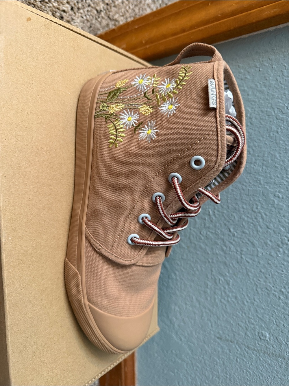 Canvas High-Top Sneakers with Floral Embroidery - Tan